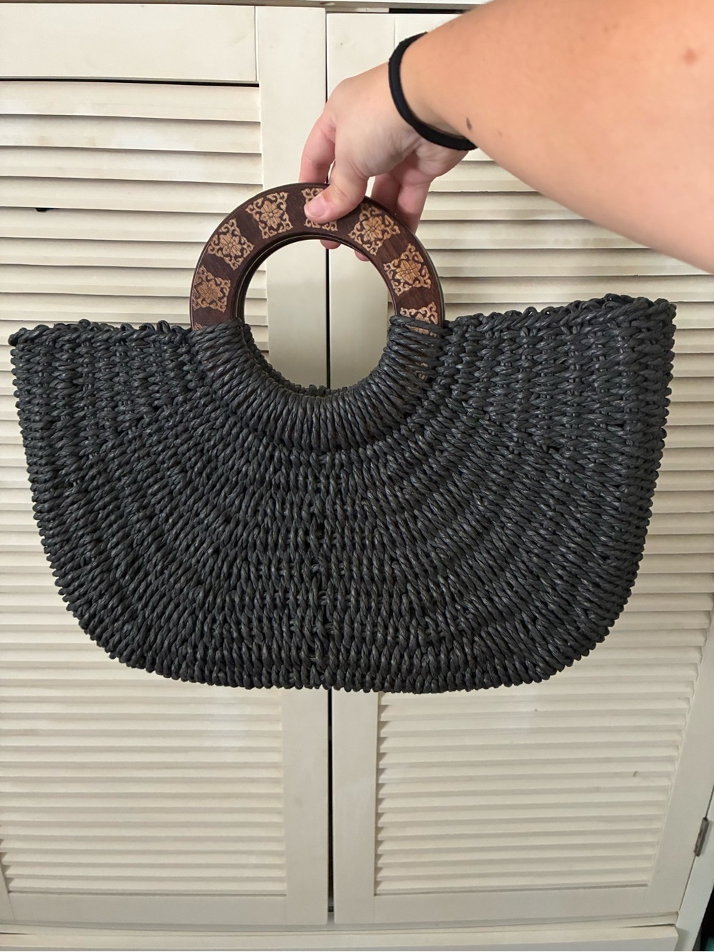 Coldwater Creek Black Woven Tote with Decorative Wooden Handles